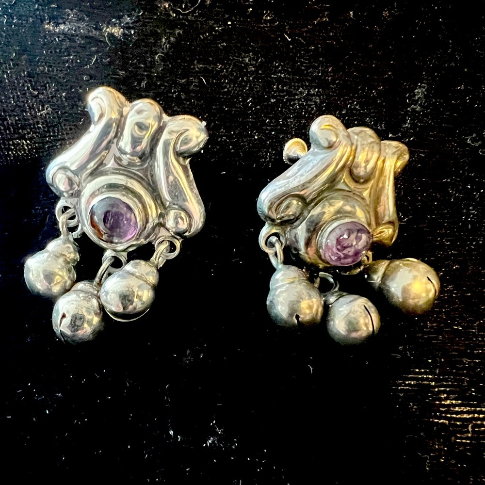 Antique Vintage Sterling Silver Amethyst bell non- pierced earrings.